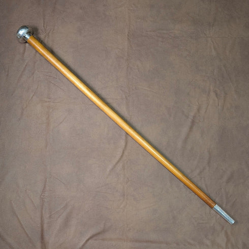 Vintage thick tan shaft pure silver round handle walking stick 86cm